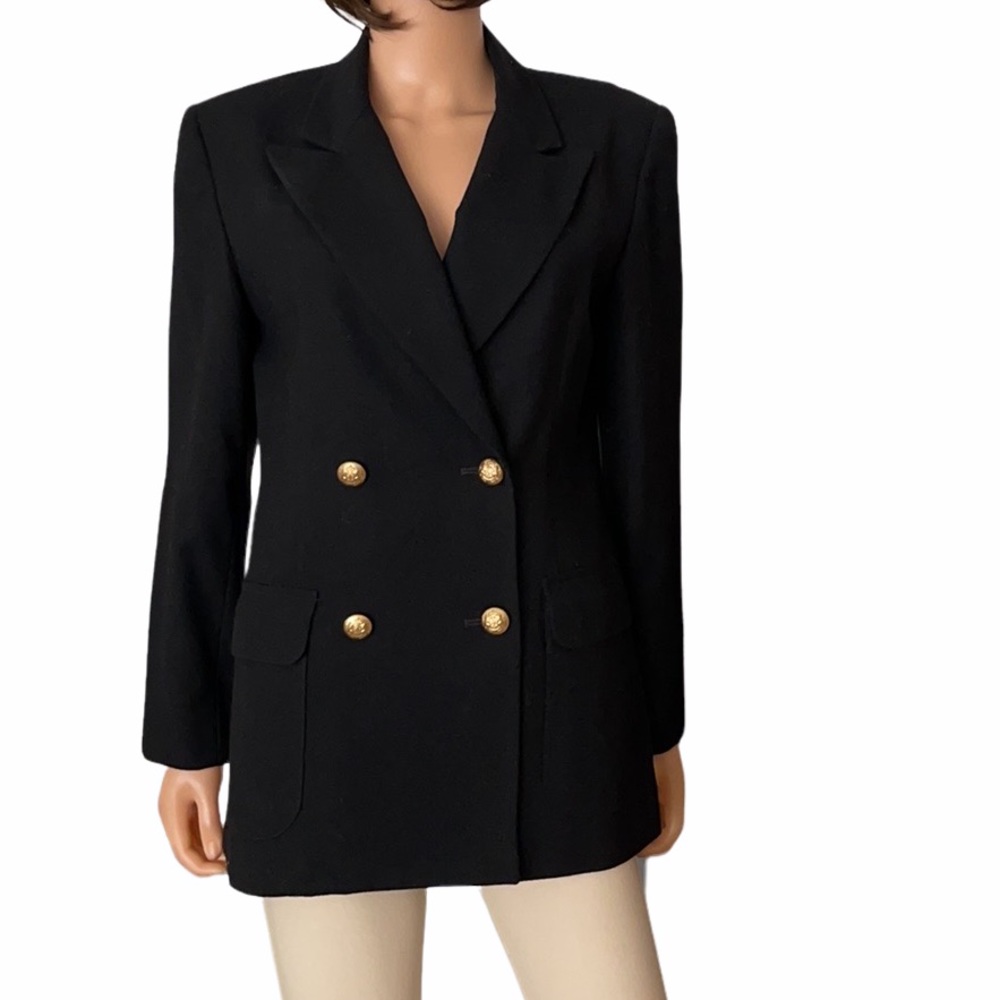 Vintage Talbots Black 100% Wool Double Breasted Blazer Gold Crested Buttons
